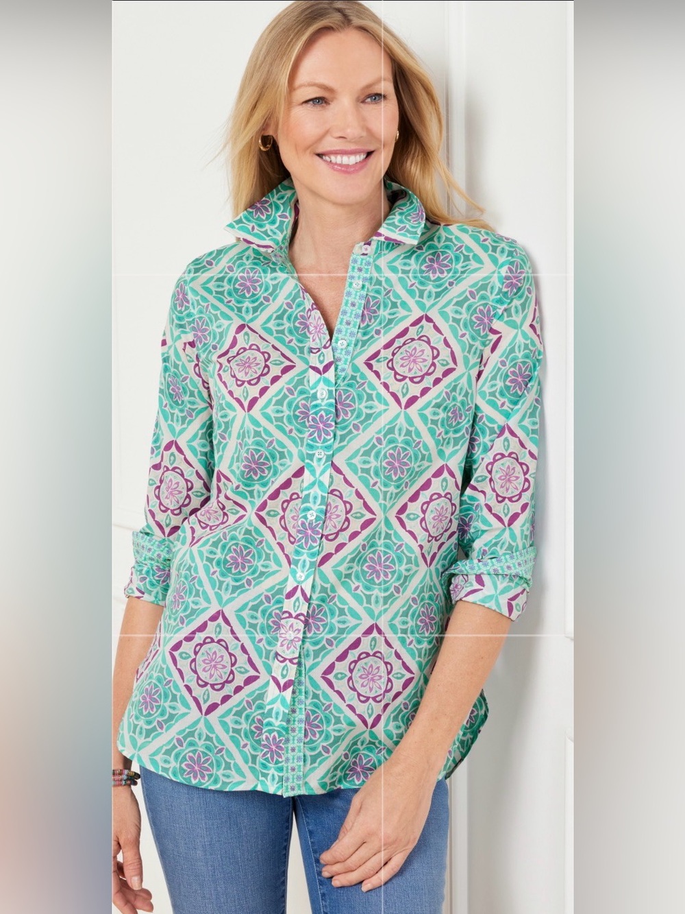 Talbots Teal Purple Modern Classic Monaco Tiles Cotton Button Down Shirt